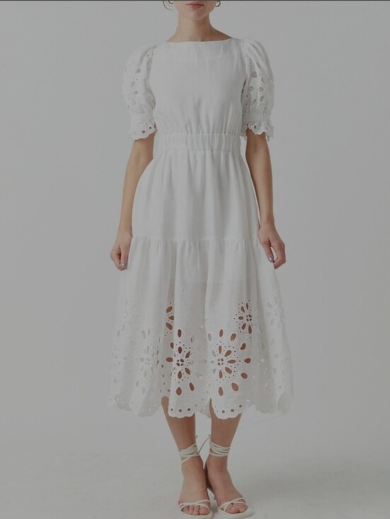English Factory Dresses & Skirts - English Factory White Eyelet Puff-Sleeve Midi Dress